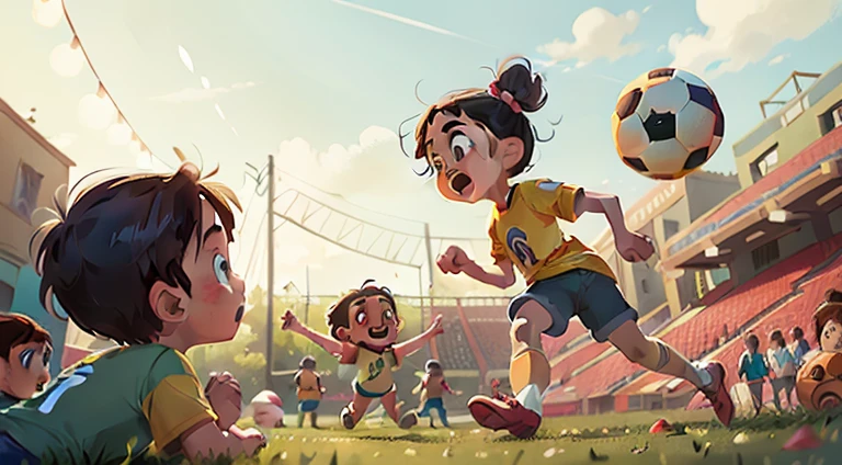 imagen inspirada en Disney/pixar captures a scene of children playing soccer with a t-shirt with the name Evangelismo kids