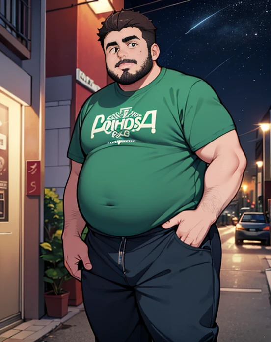 1 chubby man with extremely thick thighs , Careca, obeso, homem de meia idade, camisa branca aberta mostrando a barriga e peitoral usando apenas sunga vermelha e meias, parado na rua, looking at the sky, noite, dim street lamp, talking to the viewer gesturing with his hands, dialogando, discutindo.