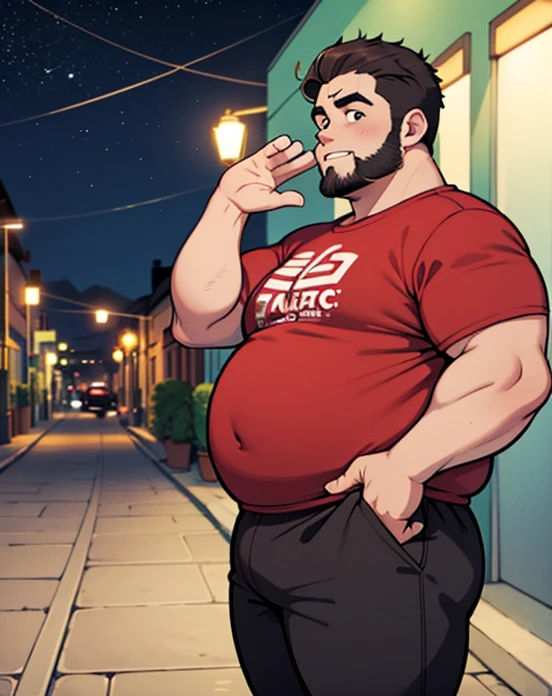 1 chubby man with extremely thick thighs , Careca, obeso, homem de meia idade, camisa branca aberta mostrando a barriga e peitoral usando apenas sunga vermelha e meias, parado na rua, looking at the sky, noite, dim street lamp, talking to the viewer gesturing with his hands, dialogando, discutindo.