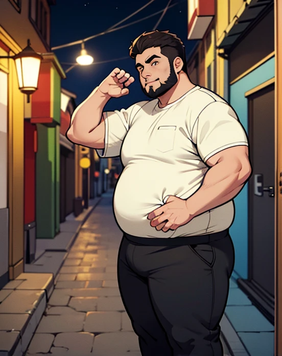 1 chubby man with extremely thick thighs , Careca, obeso, homem de meia idade, camisa branca aberta mostrando a barriga e peitoral usando apenas sunga vermelha e meias, parado na rua, looking at the sky, noite, dim street lamp, talking to the viewer gesturing with his hands, dialogando, discutindo.
