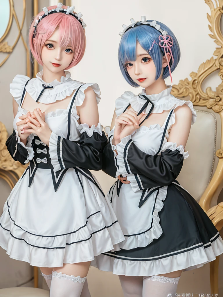 (8K, Photorealistic, Raw photo, of the highest quality: 1.3), (1girl in), Super beautiful, (Realistic face), (boyish, pink Color Berry Shorthair), Beautiful , Glare that captivates the viewer, Beautiful expression, Beautiful breasts, (Realistic skin), Be...Create a detailed and colorful image of Ram and Rem from Re:Zero, standing back-to-back in their maid outfits, with a magical fantasy background、14years old, two girls,cute, perfect face, beautiful, nice body, gothic lolita clothes, gothic lolita fashion, frilly skirt, headdress, necklace, bracelet, knee-high socks, boots, double eyelids, tear bags, Detailed down to the fingers, photo-like description, indoors, dim indoor lighting, one girl is pink hair and short bob, another girl is light blue hair and short bob,standing,whole body, composition that shows the whole body, smiling,The Both of them are wearing the same type of maid outfit,Optimal ratio of 4 fingers and 1 thumb,arms crossed