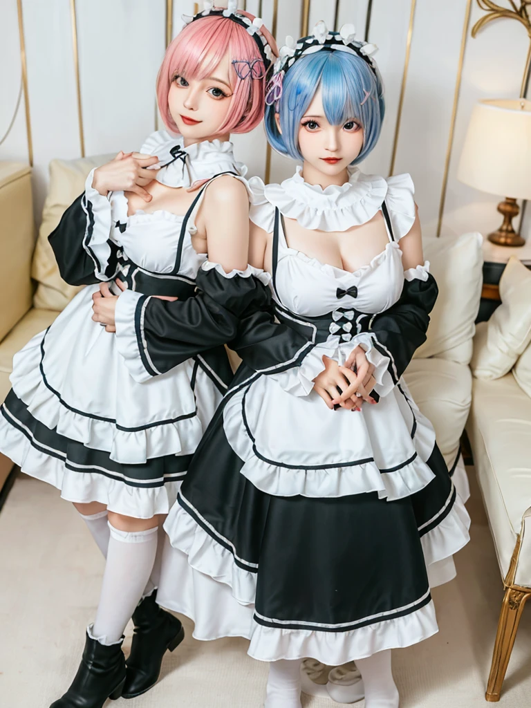 (8K, Photorealistic, Raw photo, of the highest quality: 1.3), (1girl in), Super beautiful, (Realistic face), (boyish, pink Color Berry Shorthair), Beautiful , Glare that captivates the viewer, Beautiful expression, Beautiful breasts, (Realistic skin), Be...Create a detailed and colorful image of Ram and Rem from Re:Zero, standing back-to-back in their maid outfits, with a magical fantasy background、14years old, two girls,cute, perfect face, beautiful, nice body, gothic ta clothes, gothic loliashion, frilly skirt, headdress, necklace, bracelet, knee-high socks, boots, double eyelids, tear bags, Detailed down to the fingers, photo-like description, indoors, dim indoor lighting, one girl is pink hair and short bob, another girl is light blue hair and short bob,standing,whole body, composition that shows the whole body, smiling,The Both of them are wearing the same type of maid outfit,Optimal ratio of 4 fingers and 1 thumb,arms crossed