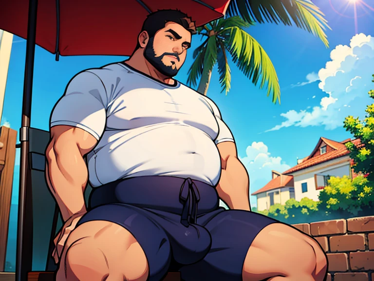 1 chubby man with extremely thick thighs , Careca, obeso, homem de meia idade, camisa branca aberta mostrando a barriga e peitoral usando apenas sunga vermelha e meias, parado na rua, looking at the sky, noite, luz do sol brilhante, Paradisiacal beach setting