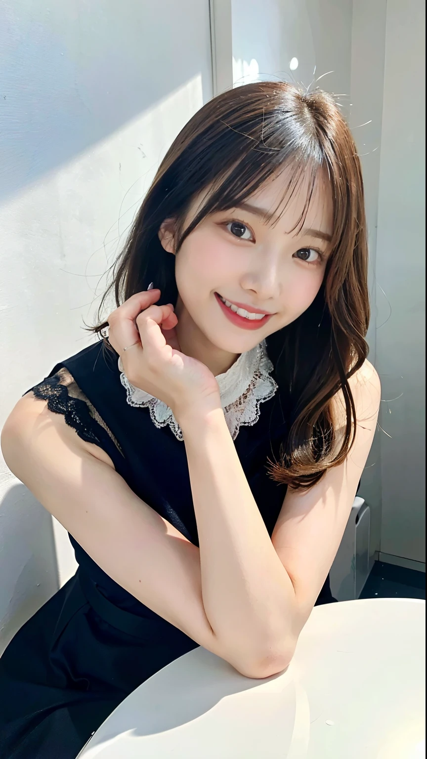 (highest quality、32k、masterpiece、Ticker:1.2)、One woman、((Beautiful Japanese Women))、(Beautiful girl)、Narrow waist、Black dress with lace collar、20-year-old、A white room bathed in the morning sun、（Cute pose:1.2)、(smile:1.5)、