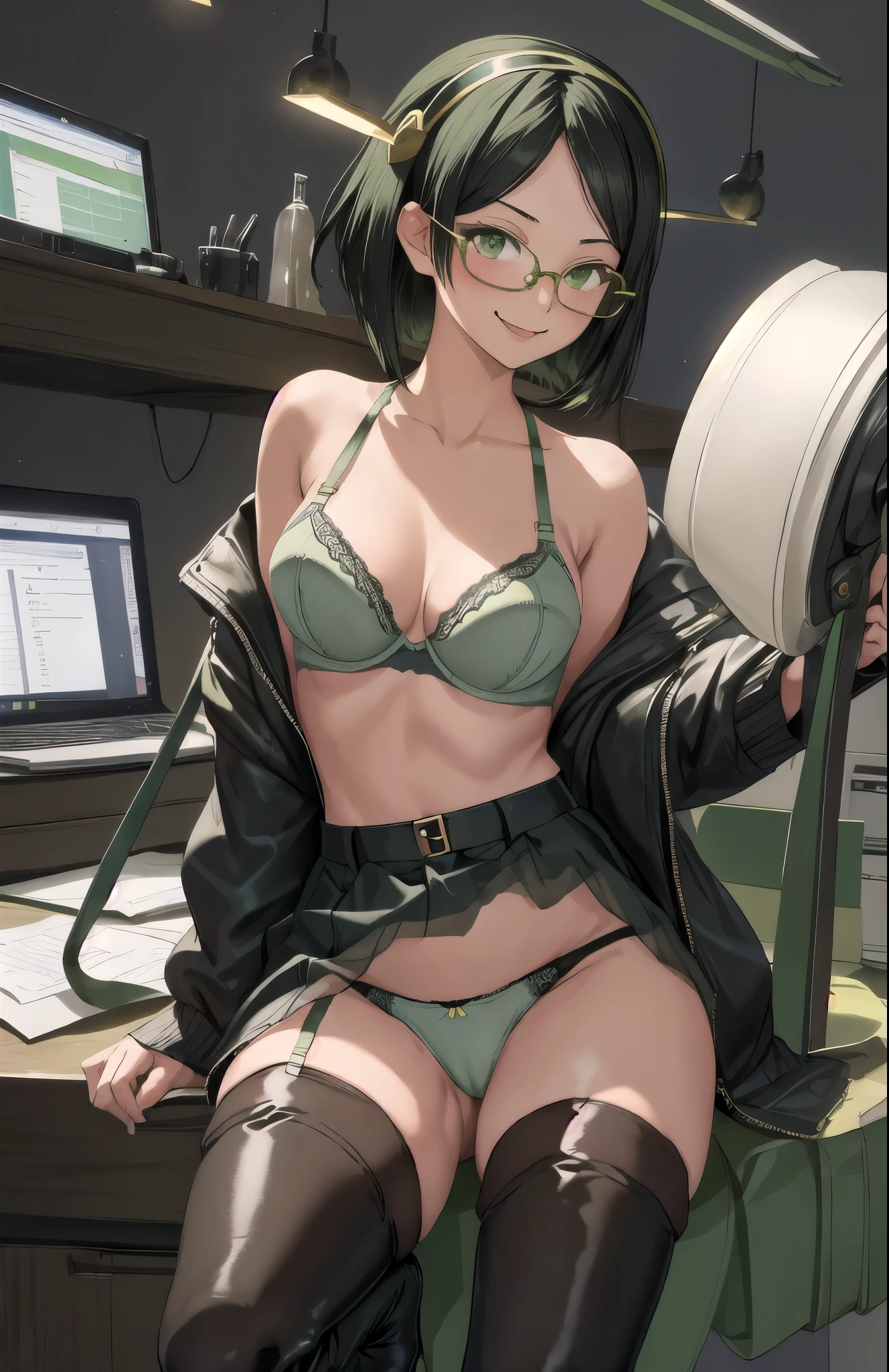 highest quality, masterpiece, High resolution, ((Perfect hands, Perfect Legs, Perfect Anatomy)), alone, {Kirishima_Fleet Collection:1.15}, short_hair, Glasses, black_hair, hairband, Green Frame_Glasses, headgear, smile, One girl, green_eye, thigh_boots, thighhighs, boots, pantyhose, (panties), (bra), (In underwear), (lingerie), blush, (Office Background)