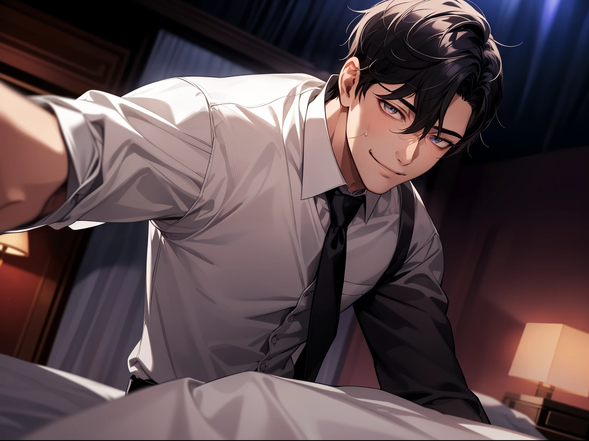 Night atmosphere,Angle from below,male, 30 years old,male1 person、boss,adult,Adult,Black Hair,Shirt and tie,The eyes are brown,Face close-up,sweating,,smile,Background Hotel,bed,night