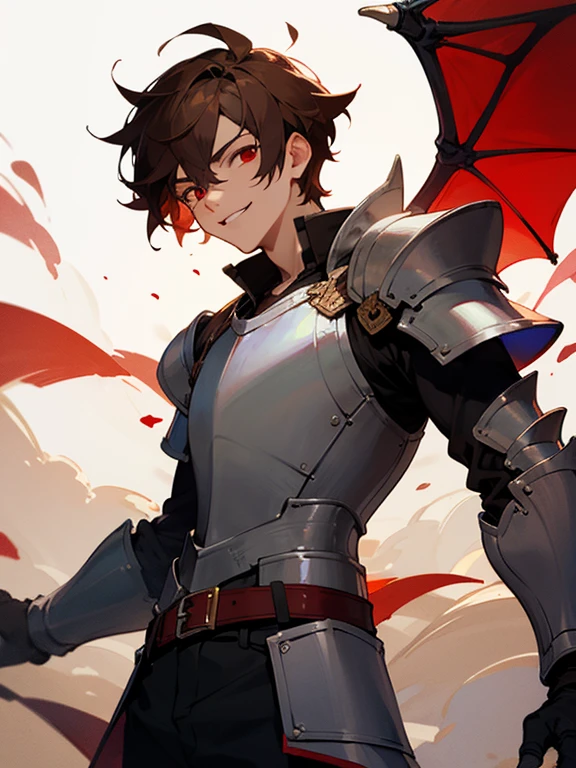 Masterpiece, best quality, expressive eyes, perfect face, 1boy, male focus, brown hair, red eyes, evil smile, dragon wings, knight armor, shoulder armor, belt,
