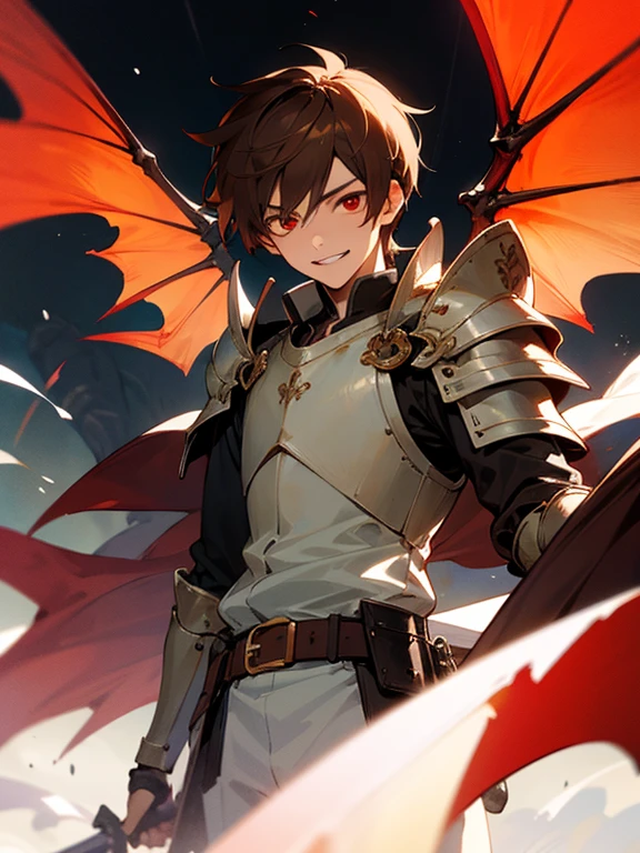 Masterpiece, best quality, expressive eyes, perfect face, 1boy, male focus, brown hair, red eyes, evil smile, dragon wings, knight armor, shoulder armor, belt,