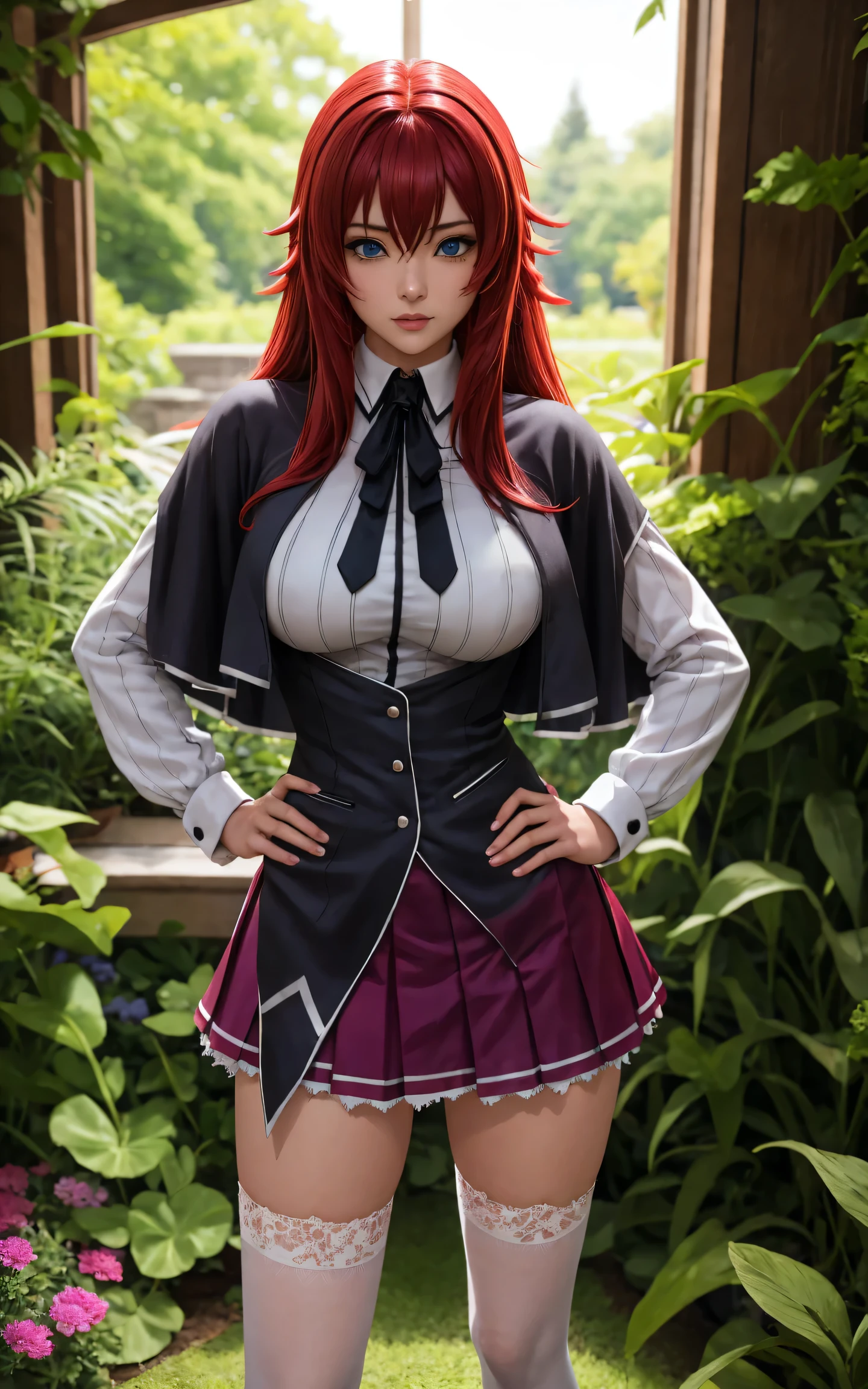 ((masterpiece, best quality)), insaneres, absurdres, solo, looking at viewer,
ANIME_DxD_Rias_Gremory_ownwaifu,
1girl, bangs, long hair, red hair, breasts, large breasts, rias gremory, blue eyes, hair between eyes, very long hair, collarbone, hair intakes, hair over breasts,
black capelet, black corset, collared shirt, kuoh academy , layered skirt, underbust, , skirt, shirt, long sleeves, purple skirt, ribbon, miniskirt, neck ribbon, thighhighs, black ribbon,
(contrapposto, hand on hip)depth of field, vanishing point, garden, sidelighting,