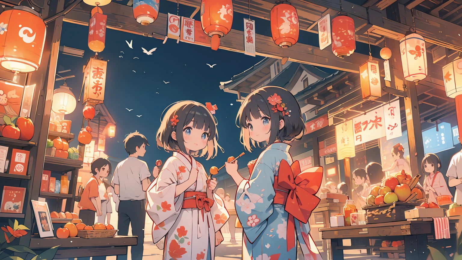 Summer in Japan, Summer festival, Candy apples, yukata, Fan, Goldfish scooping