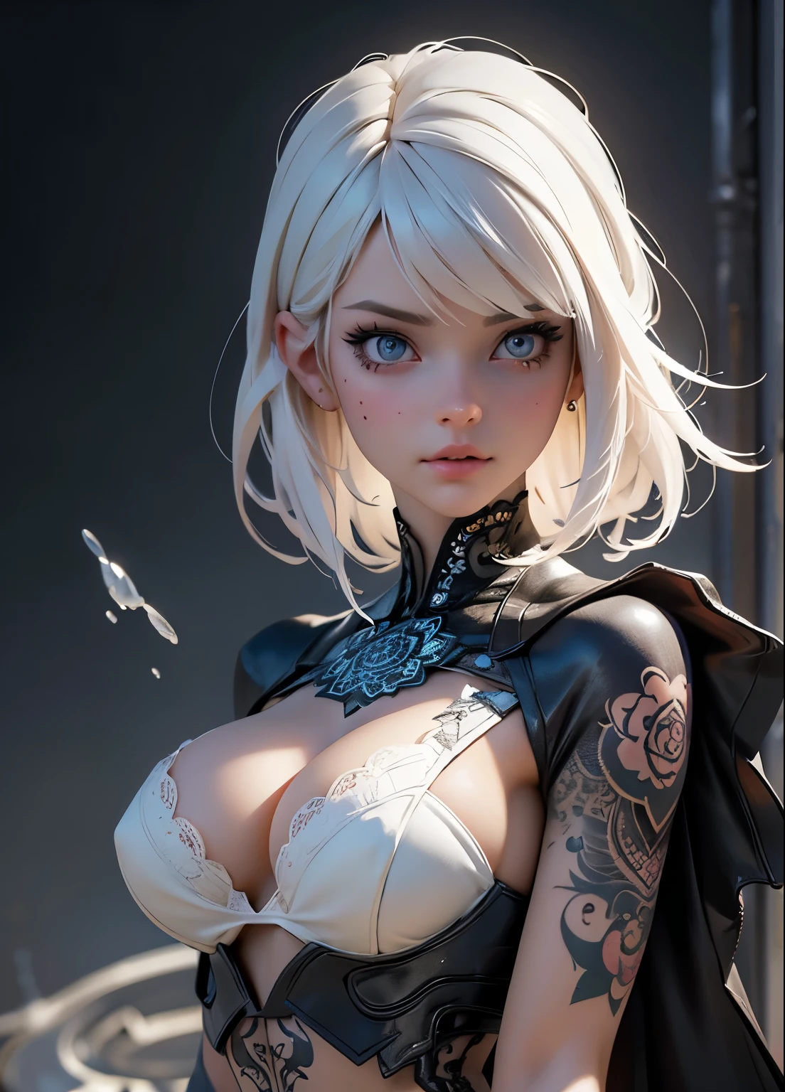 ((best quality)), ((masterpiece)), ((realistic)), (detailed) 1ghotic girl with fluid hair, melt, sexy, lace clothes, tattoos, lots of skulls, mandalas, cinematic, sharp, ray tracing, brightness, luminosity