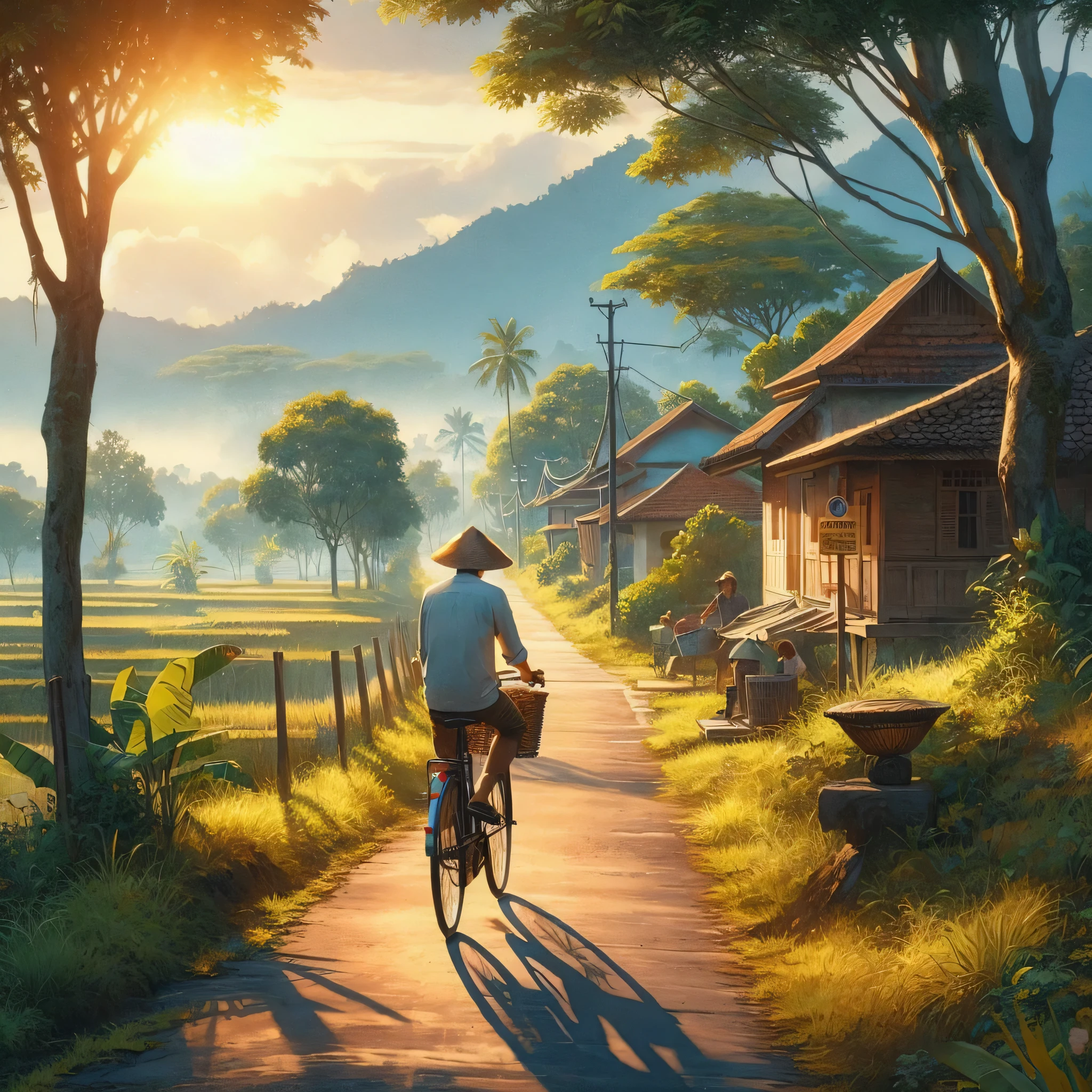 a painting of a man riding a bike down a path, a fine art painting, trending on cg society, sumatraism, beatiful house, tropical location, flat painting, sunny afternoon, cottagecore!!, indonesia