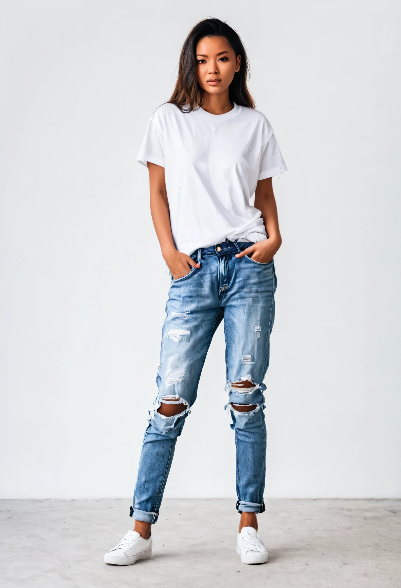 full-length photorealistic portrait of Nata Lee in a white t-shirt, and ripped denim jeans