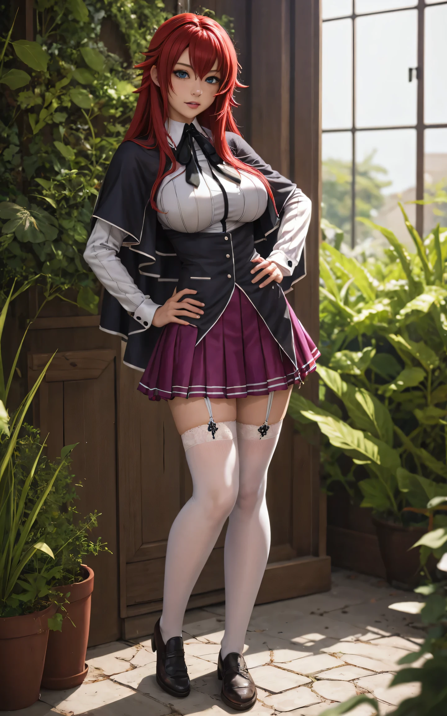 ((masterpiece, best quality)), insaneres, absurdres, solo, looking at viewer, 
ANIME_DxD_Rias_Gremory_ownwaifu, 
1girl, bangs, long hair, red hair, breasts, large breasts, rias gremory, blue eyes, hair between eyes, very long hair, collarbone, hair intakes,  hair over breasts, 
black capelet, black corset, collared shirt, kuoh academy , layered skirt, underbust, , skirt, shirt, long sleeves, purple skirt, ribbon, miniskirt, neck ribbon, thighhighs, black ribbon, 
(contrapposto, hand on hip)depth of field, vanishing point, garden, sidelighting,
