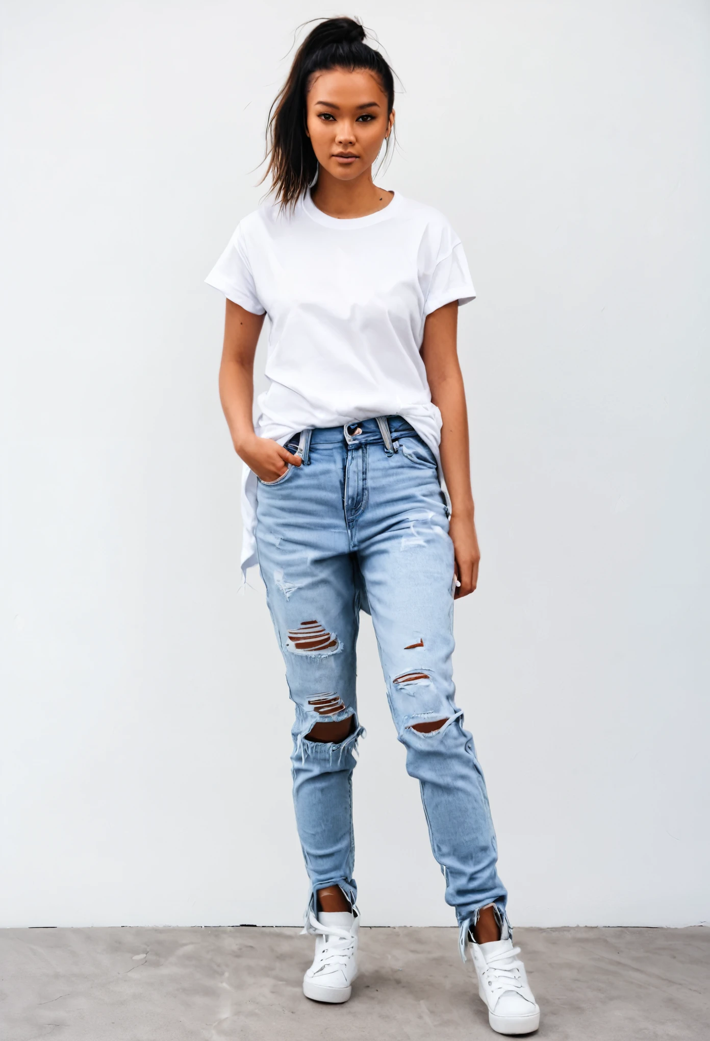 full-length photorealistic portrait of Nata Lee in a white t-shirt, and ripped denim jeans
