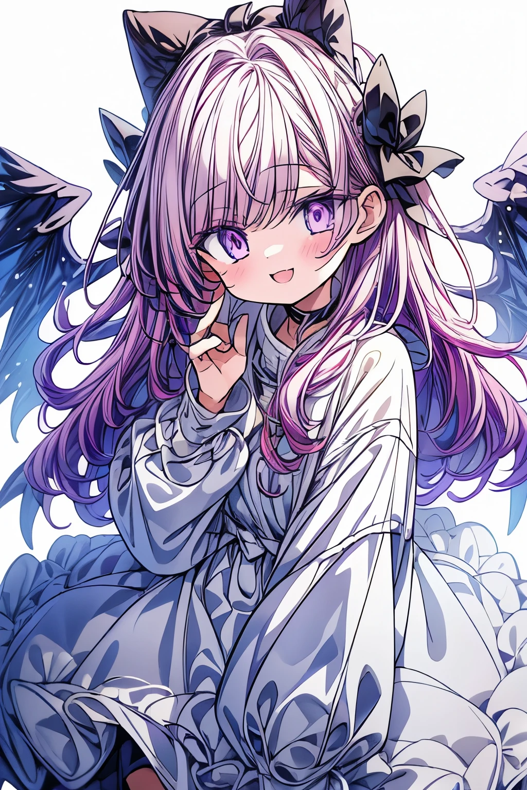 1 meter tall、Purple eyed cat girl. Purple Hair、She is very cute、I always look happy. She is wearing an oversized white hoodie.. She is also about 5 years old.、Create expressive imageasterpiece))), (best quality), (ultra detail), (very_high_resolution), (large_filesize), (full color)