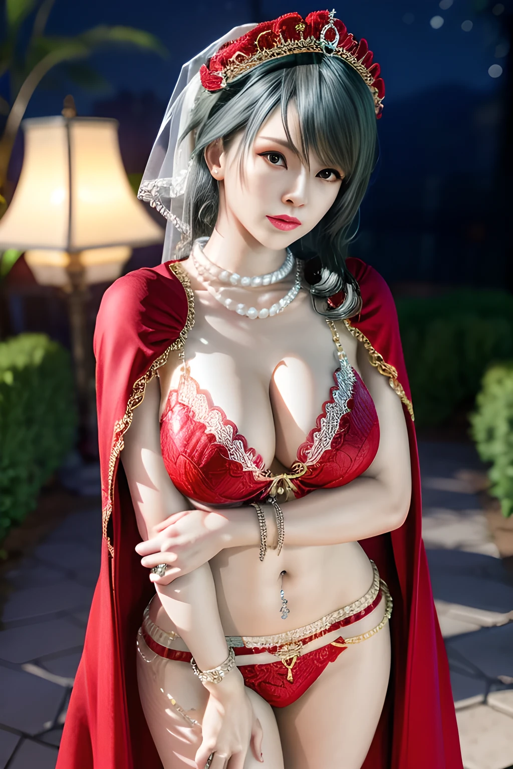 1 girl,lean over WINK,(Wearing Wedding Dress:1.2) ,(Wearing Jewel:1.2) ,( red lace_cloak:1.3),(Fluffs :1.4),(pearl bodychain:1.3),garden,nighttime,moon,( ???????????? ),cleavage,shiny skin,lip gloss,tattoos, masterpiece, best quality, realistic ,Surrealism,Rich artistic colors,natural colors art in 8k,3D,Portrait art,solo, tamaki