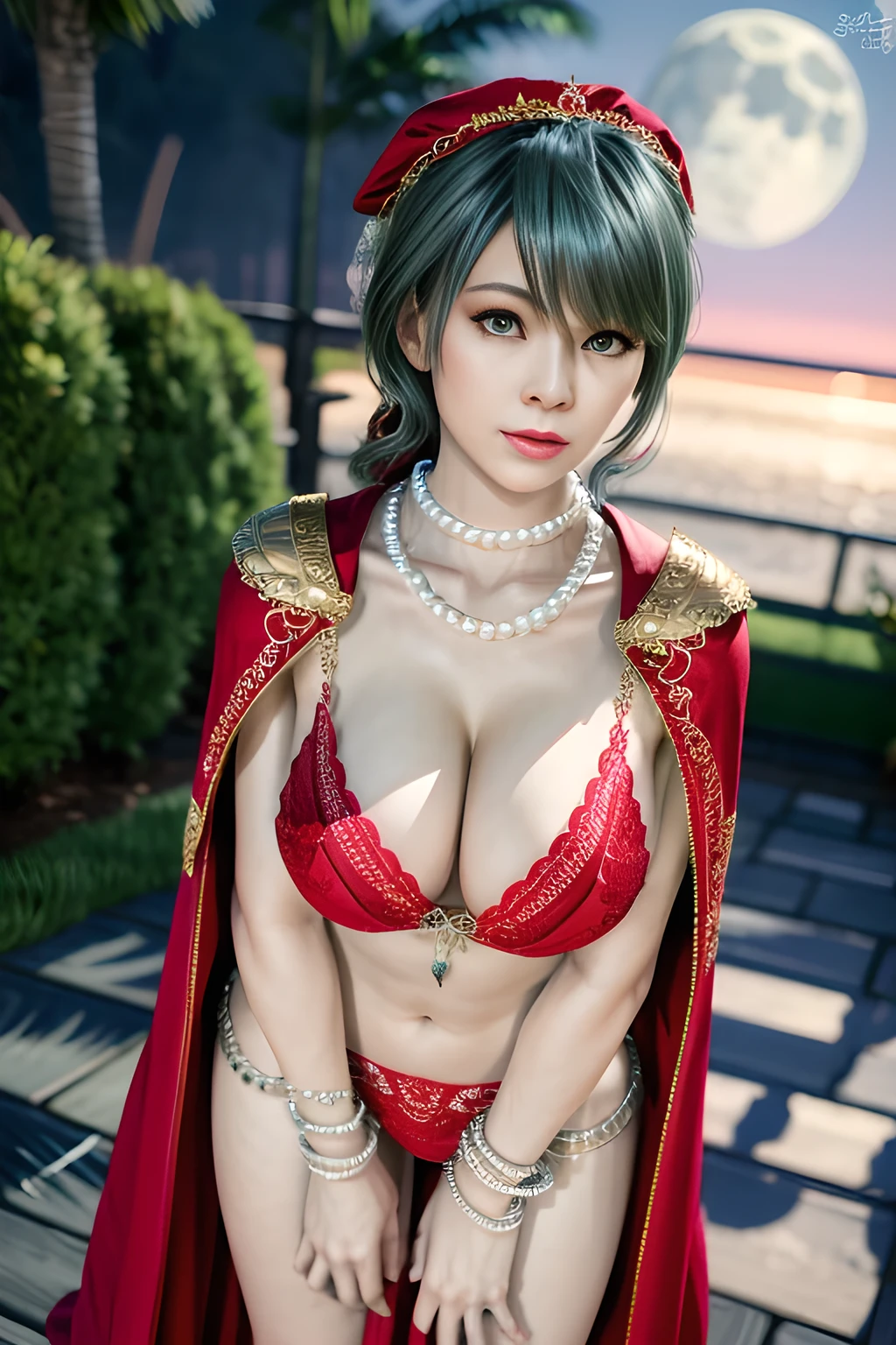 1 girl,lean over WINK,(Wearing Wedding Dress:1.2) ,(Wearing Jewel:1.2) ,( red lace_cloak:1.3),(Fluffs :1.4),(pearl bodychain:1.3),garden,nighttime,moon,( huge breasts ),cleavage,shiny skin,lip gloss,tattoos, masterpiece, best quality, realistic ,Surrealism,Rich artistic colors,natural colors art in 8k,3D,Portrait art,solo, tamaki