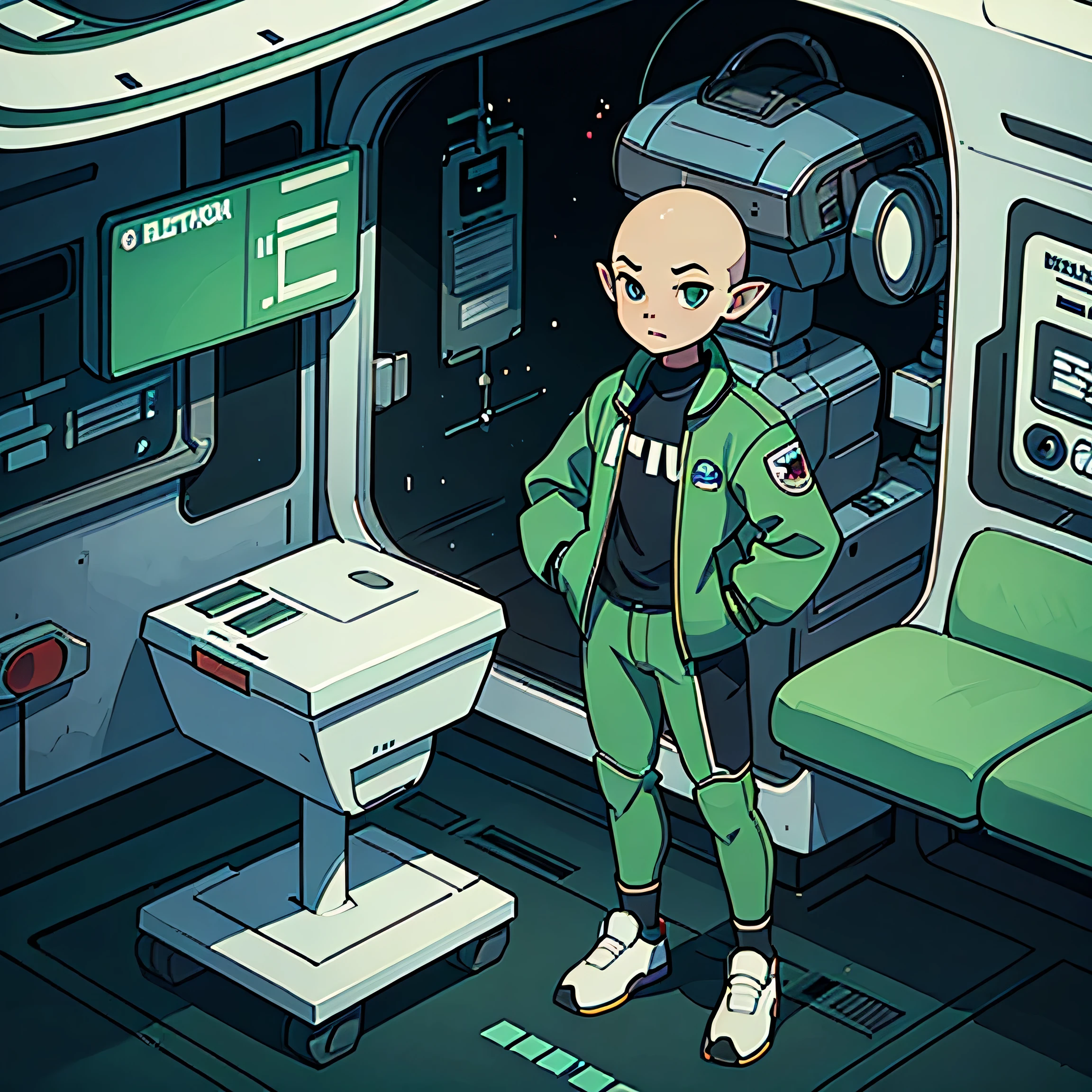 A 1980's era green-skinned bald-headed alien elf teen boy character wearing futuristic active-wear standing in massive room on board a sci-fi space station