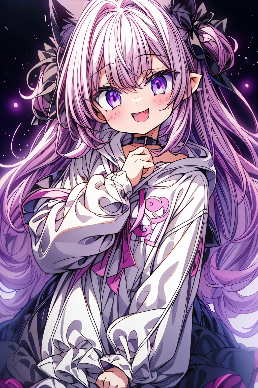 Height: 3 feet 6 inches、Purple eyed cat girl. Purple Hair、She is very cute、I always look happy. She is wearing an oversized white hoodie.. She is also about 5 years old.、Create expressive imageasterpiece))), (best quality), (ultra detail), (very_high_resolution), (large_filesize), (full color)