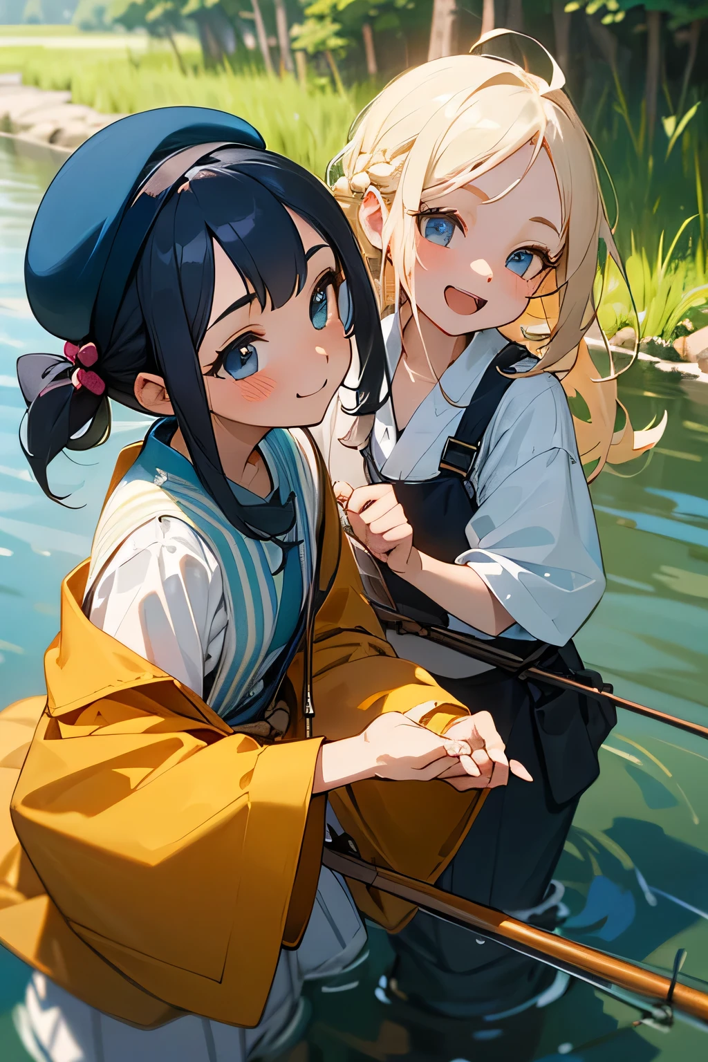 highest quality、High resolution、Detailed Background、(Beautiful face in every detail:1.4)、Anatomically correct、(Draw the usual number of fingers:1.2)、(Detailed facial expressions)、(Detailed eyes:1.2)、(Detailed eyes:1.2)、Beautiful, smooth skin、Teenage beauty、(Three Women)、(Highly detailed face:1.4)、Cute color hair color、Braided Ponytail、Braided Bob、Cute hairstyle、well-groomed eyebrowinimally revealing clothing:1.2)、In a joking manner、A happy look、Excited、
(Two beautiful girls enjoying fishing in the river:1.5)、
This is a fishing experience held in rivers etc.、Participants can use a fishing rod to catch fish and enjoy fishing while relaxing in nature.、
Basic fishing equipment is required for fishing experience.、fishing rod、reel、fishing line、Needle、Prepare lures and bait、Fishing is a sport that requires skill。casting（The act of casting a thread）How to wind the reel and use bait, etc.、

Pair it with shorts that allow you to move around comfortably and a cool tunic.、
It is a good idea to choose shorts made of a material that will not be a problem if they get wet.、
We recommend tunics with cute patterns such as floral or polka dot patterns.、
Pair a light-hearted dress with comfortable sandals.、
Choosing a dress with a summery design such as a floral or striped pattern will make you look even cuter.、
Pair a relaxed, oversized shirt with denim shorts、Tie the shirt around your waist for a sophisticated look.、
Pair a straw hat or cap with cool wide pants.、
Wide pants are comfortable to wear if you choose soft and light materials.、
When fishing in the river, you will need insect repellent, so wear a long-sleeved shirt or a light jacket.