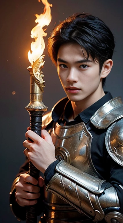 A asian boy like Mighty Archangel Michael,19 years old, handsome, Full Body Shoot, Short Quiff hairstyle, (eyes contact), look at camera, detailed facial parts, Manly, with a muscular constitution :: high detail, is in battle armor, flaming blue sword of golden pearls, a flaming sacred aura radiating from his body, without wings, moon background, surreal, fantasy, magical, intricate details, (dynamic upper body posture: 1.1), depth of field. Best quality, masterpiece, ultra high resolution, (anime realism, photorealistic: 1.4), perfect composition, centered, symmetry