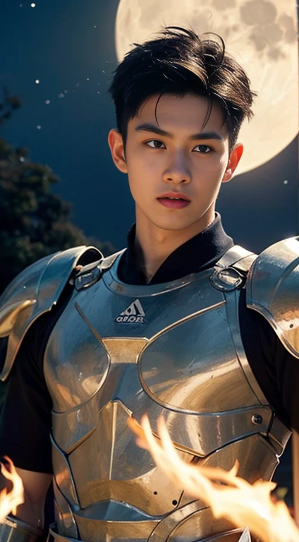 A asian boy like Mighty Archangel Michael,19 years old, handsome, Full Body Shoot, Short Quiff hairstyle, (eyes contact), look at camera, detailed facial parts, Manly, with a muscular constitution :: high detail, is in battle armor, flaming blue sword of golden pearls, a flaming sacred aura radiating from his body, without wings, moon background, surreal, fantasy, magical, intricate details, (dynamic upper body posture: 1.1), depth of field. Best quality, masterpiece, ultra high resolution, (anime realism, photorealistic: 1.4), perfect composition, centered, symmetry