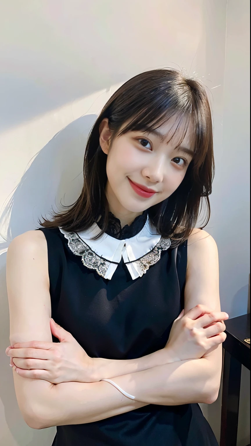 (highest quality、32k、masterpiece、Ticker:1.2)、One woman、((Beautiful Japanese Women))、(Beautiful girl)、Narrow waist、A black dress with a large lace collar、20-year-old、A white room bathed in the morning sun、（Cute pose:1.2)、(smile:1.5)、
