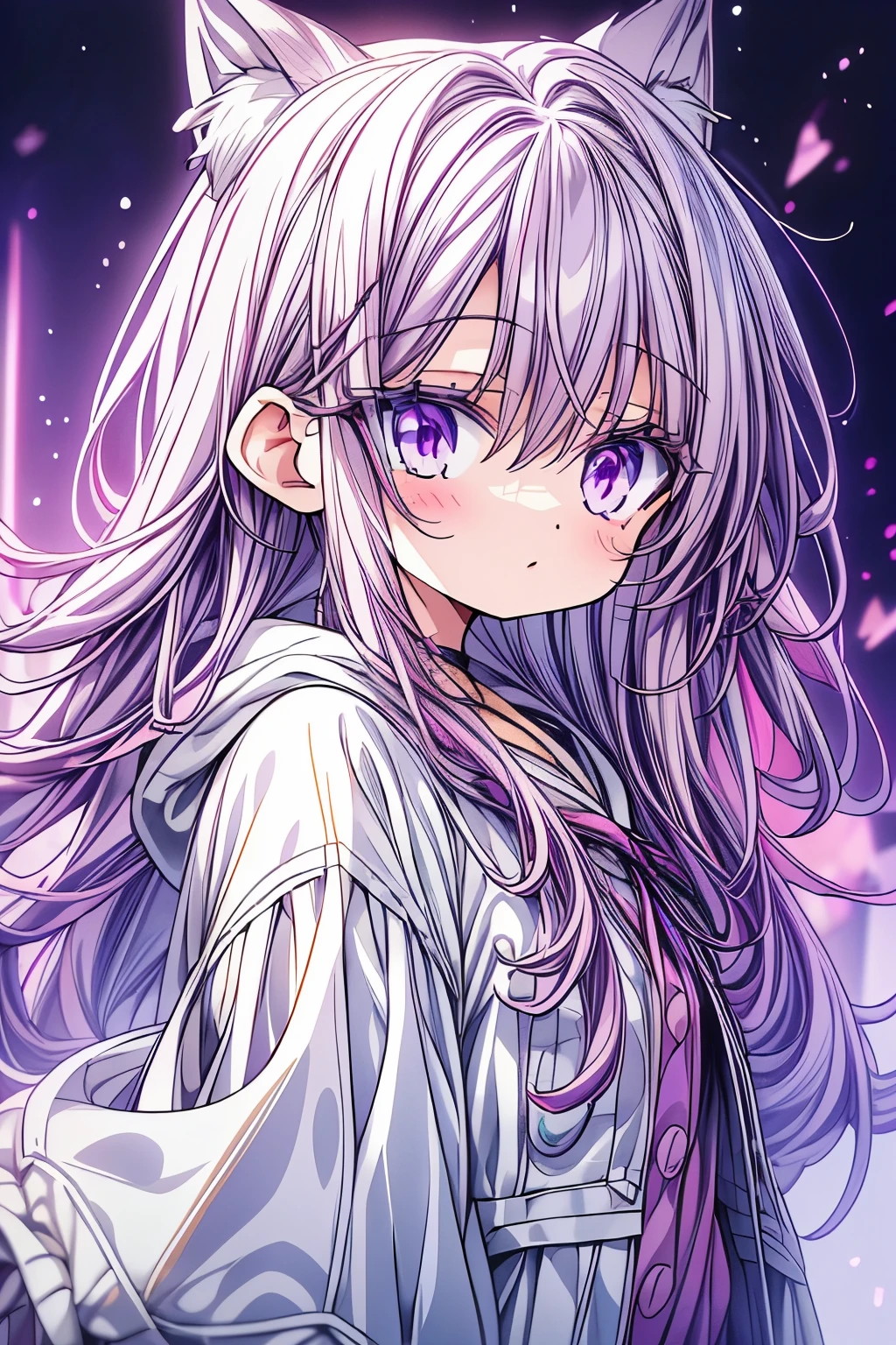 Height: 3 feet 6 inches、Purple eyed cat girl. Purple Hair、She is very cute、I always look happy. She is wearing an oversized white hoodie.. She is also about 5 years old.、Create expressive imageasterpiece))), (best quality), (ultra detail), (very_high_resolution), (large_filesize), (full color)