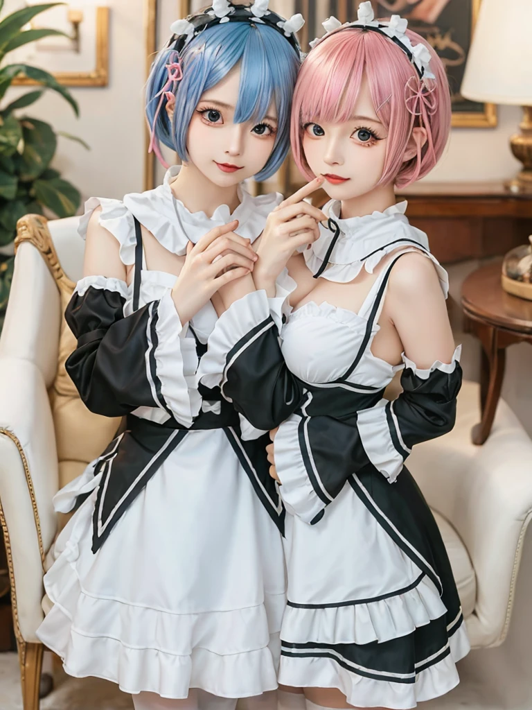 (8K, Photorealistic, Raw photo, of the highest quality: 1.3), (1girl in), Super beautiful, (Realistic face), (boyish, pink Color Berry Shorthair), Beautiful , Glare that captivates the viewer, Beautiful expression, Beautiful breasts, (Realistic skin), Be...Create a detailed and colorful image of Ram and Rem from Re:Zero, standing back-to-back in their maid outfits, with a magical fantasy background、14years old, two girls,cute, perfect face, beautiful, nice body, gothic ta clothes, gothic loliashion, frilly skirt, headdress, necklace, bracelet, knee-high socks, boots, double eyelids, tear bags, Detailed down to the fingers, photo-like description, indoors, dim indoor lighting, one girl is pink hair and short bob, another girl is light blue hair and short bob,standing,whole body, composition that shows the whole body, smiling,The Both of them are wearing the same type of maid outfit,Optimal ratio of 4 fingers and 1 thumb,arms crossed