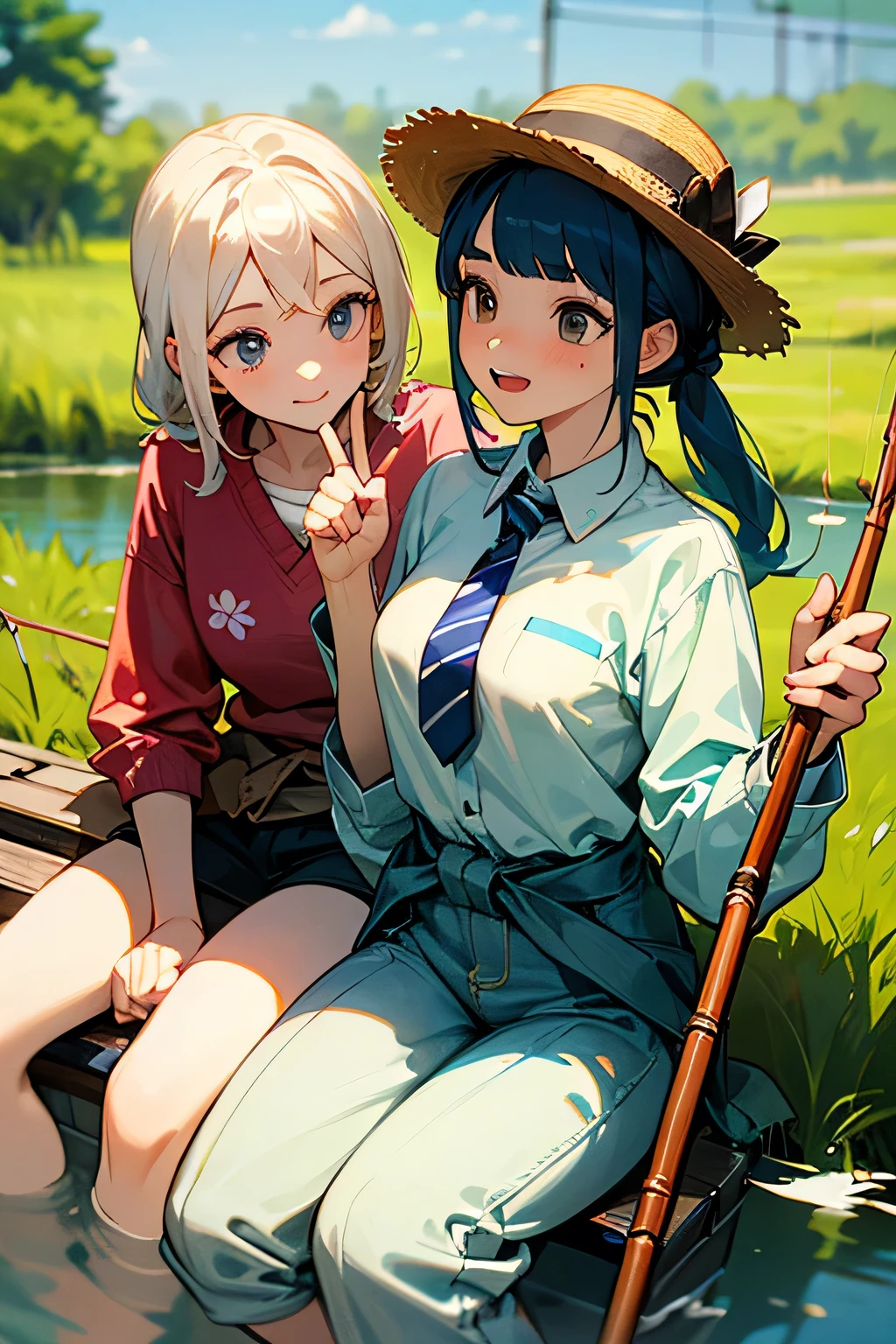 highest quality、High resolution、Detailed Background、(Beautiful face in every detail:1.4)、Anatomically correct、(Draw the usual number of fingers:1.2)、(Detailed facial expressions)、(Detailed eyes:1.2)、(Detailed eyes:1.2)、Beautiful, smooth skin、age beauty、(Three Women)、(Highly detailed face:1.4)、Cute color hair color、Braided Ponytail、Braided Bob、Cute hairstyle、well-groomed eyebrowinimally revealing clothing:1.2)、In a joking manner、A happy look、Excited、
(Two beautiful girls enjoying fishing in the river:1.5)、
This is a fishing experience held in rivers etc.、Participants can use a fishing rod to catch fish and enjoy fishing while relaxing in nature.、
Basic fishing equipment is required for fishing experience.、fishing rod、reel、fishing line、Needle、Prepare lures and bait、Fishing is a sport that requires skill。casting(The act of casting a thread)How to wind the reel and use bait, etc.、
Pair it with shorts that allow you to move around comfortably and a cool tunic.、
It is a good idea to choose shorts made of a material that will not be a problem if they get wet.、
We recommend tunics with cute patterns such as floral or polka dot patterns.、
Pair a light-hearted dress with comfortable sandals.、
Choosing a dress with a summery design such as a floral or striped pattern will make you look even cuter.、
Pair a relaxed, oversized shirt with denim shorts、Tie the shirt around your waist for a sophisticated look.、
Pair a straw hat or cap with cool wide pants.、
Wide pants are comfortable to wear if you choose soft and light materials.、
When fishing in the river, you will need insect repellent, so wear a long-sleeved shirt or a light jacket.