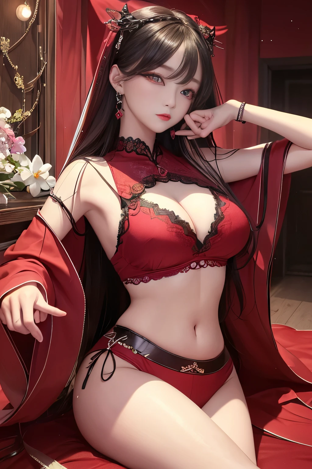 Top image quality、Raw photography、A high resolution、20-year-old cool Korean、big round chest、sexy red lace underwear、Beautiful Eyes of Details、very elongated eyes、Beautiful eyelashes、Beautiful double eyelids、eyeshadows、long legs,medium thighs, beautiful eyes finely detailed、elongated eyes、long eyeslashes、Beautiful double eyelids、eyeshadows、earrings、shiny skin、 1 girl, solo, sexy pose,