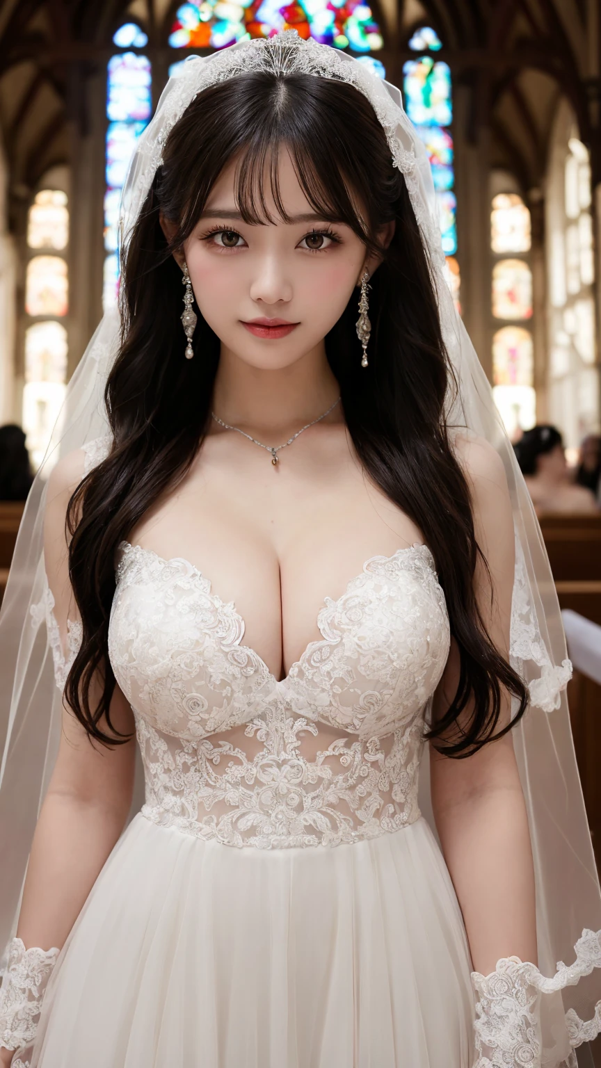 masutepiece, Best Quality, Illustration, Ultra-detailed, finely detail, hight resolution, 8K Wallpaper, Perfect dynamic composition, Beautiful detailed eyes, good hands, cleavage, full body, black hair, straight hair, Blunt Bangs, (Absurdly Long Hair:1.8), (Beautiful Voluminous breasts:1.6), real looking skin, Natural Color Lip, The best smile, 17 year old, Beautiful girl with voluptuous body, (short length See-through sexy wedding dress:1.5), (church background:1.2), (night:1.2), earrings, pendant, bracelet