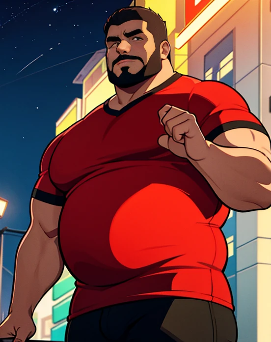 1 chubby man with extremely thick thighs , Careca, obeso, homem de meia idade, camisa branca aberta mostrando a barriga e peitoral usando apenas sunga vermelha e meias, parado na rua, looking at the sky, noite, dim street lamp, talking to the viewer gesturing with his hands, dialogando, discutindo. He's calling the viewer, he is delivering something, he is gesturing for you to come closer to him.
