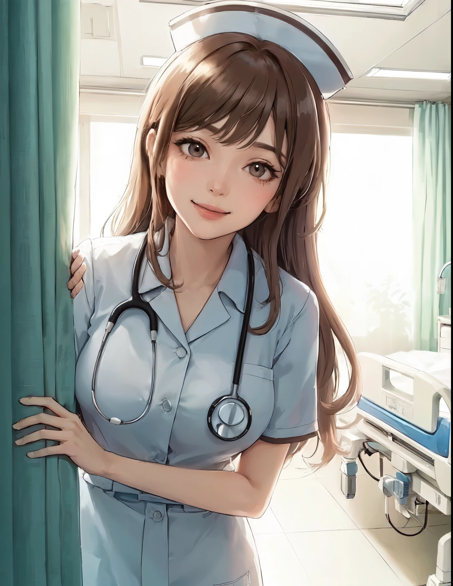 1lady solo, (looking down), (from below), (peeking out from behind partition curtain), healthcare worker, (nurse uniform), mature female, /(light brown hair/) bangs, kind smile, (masterpiece best quality:1.2) delicate illustration ultra-detailed, large breasts, /(stethoscope around neck/) BREAK (hospital room) indoors, (bright white ceiling:1.2), (perspective from bed:1.2), detailed background