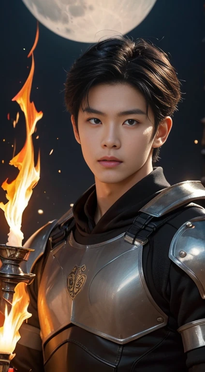 A asian boy like Cat Noir,19 years old, handsome, Full Body Shoot, Short Quiff hairstyle, (eyes contact), look at camera, detailed facial parts, Manly, with a muscular constitution :: high detail, is in battle armor, flaming blue sword of golden pearls, a flaming sacred aura radiating from his body, without wings, moon background, surreal, fantasy, magical, intricate details, (dynamic upper body posture: 1.1), depth of field. Best quality, masterpiece, ultra high resolution, (anime realism, photorealistic: 1.4), perfect composition, centered, symmetry