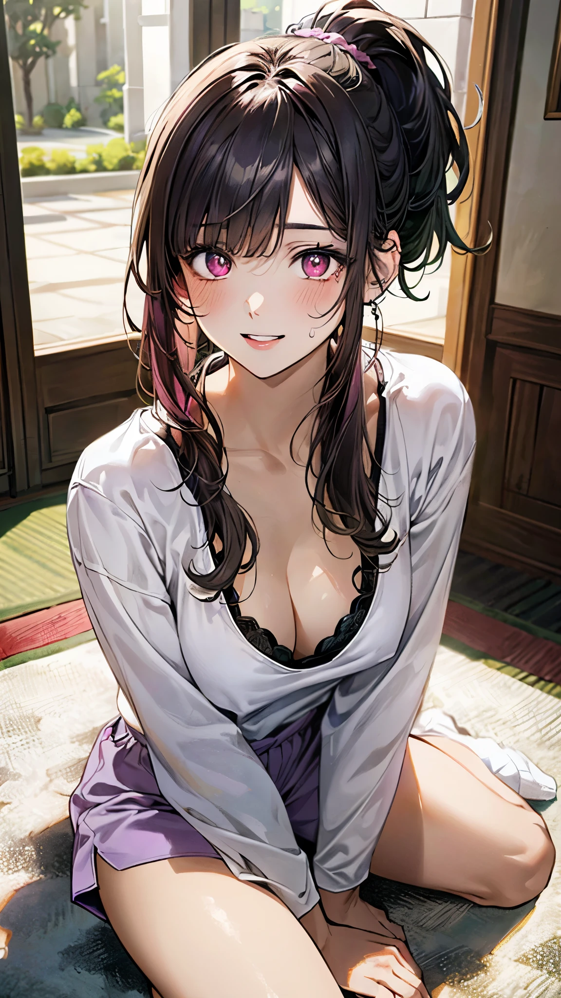 ((perfect anatomy, anatomically correct, super detailed skin)), 1 girl, japanese, 16 years old, (detailed ultra-oily shiny skin:1.1), watching the view, adorable smiling, 
beautiful hair, beautiful face, beautiful detailed eyes, (middle hair:1.7, side ponytail:1.5), parted bangs, babyface, 
beautiful clavicle, beautiful body, beautiful breasts, (large breasts:0.8), beautiful thigh, beautiful legs, 
((pajamas)), 
(beautiful scenery), living room, table, sitting cushion, 
(8k, top-quality, masterpiece​:1.2, extremely detailed), (photorealistic), beautiful art, visual art, depth of fields, cinematic lighting, ,