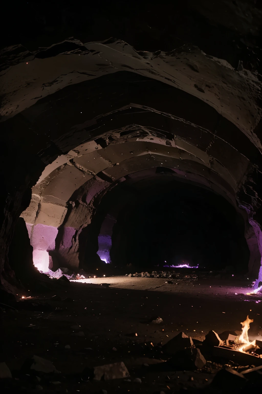 Pink and purple hellscape inside a huge cavern with flames