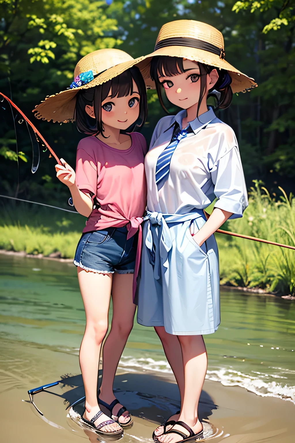 highest quality、High resolution、Detailed Background、(Beautiful face in every detail:1.4)、Anatomically correct、(Draw the usual number of fingers:1.2)、(Detailed facial expressions)、(Detailed eyes:1.2)、(Detailed eyes:1.2)、Beautiful, smooth skin、Teenage beauty、(Three Women)、(Highly detailed face:1.4)、Cute color hair color、Braided Ponytail、Braided Bob、Cute hairstyle、well-groomed eyebrowinimally revealing clothing:1.2)、In a joking manner、A happy look、Excited、
(Two beautiful girls enjoying fishing in the river:1.5)、
This is a fishing experience held in rivers etc.、Participants can use a fishing rod to catch fish and enjoy fishing while relaxing in nature.、
Basic fishing equipment is required for fishing experience.、fishing rod、reel、fishing line、Needle、Prepare lures and bait、Fishing is a sport that requires skill。casting(The act of casting a thread)How to wind the reel and use bait, etc.、
Pair it with shorts that allow you to move around comfortably and a cool tunic.、
It is a good idea to choose shorts made of a material that will not be a problem if they get wet.、
We recommend tunics with cute patterns such as floral or polka dot patterns.、
Pair a light-hearted dress with comfortable sandals.、
Choosing a dress with a summery design such as a floral or striped pattern will make you look even cuter.、
Pair a relaxed, oversized shirt with denim shorts、Tie the shirt around your waist for a sophisticated look.、
Pair a straw hat or cap with cool wide pants.、
Wide pants are comfortable to wear if you choose soft and light materials.、
When fishing in the river, you will need insect repellent, so wear a long-sleeved shirt or a light jacket.