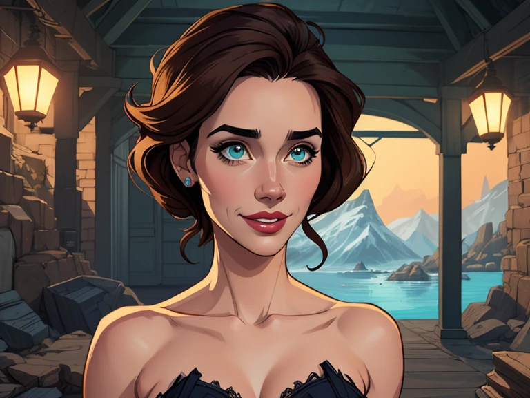 Beautiful girl with semi curly brown hair, collected in a high ponytail, green eyes, thin complexion, dressed in clothes designed for an exploration in Antarctica, sitting in the cafeteria of a ship heading to Antarctica, having breakfast, looking at the glacial landscape 