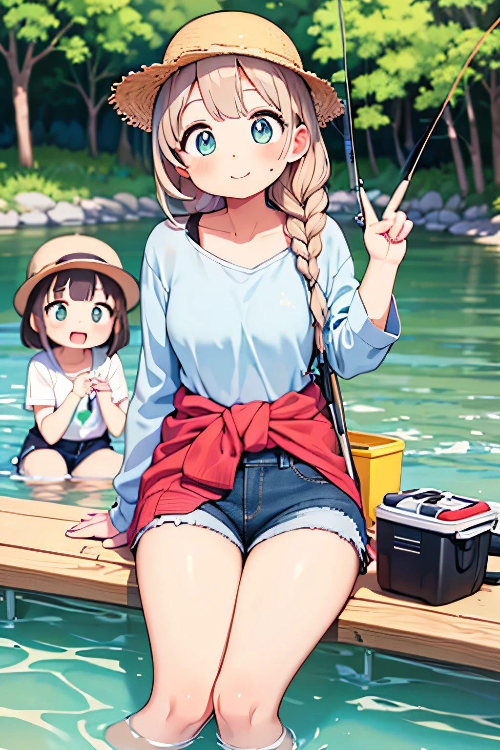 highest quality、High resolution、Detailed Background、(Beautiful face in every detail:1.4)、Anatomically correct、(Draw the usual number of fingers:1.2)、(Detailed facial expressions)、(Detailed eyes:1.2)、(Detailed eyes:1.2)、Beautiful, smooth skin、Teenage beauty、(Three Women)、(Highly detailed face:1.4)、Cute color hair color、Braided Ponytail、Braided Bob、Cute hairstyle、well-groomed eyebrowinimally revealing clothing:1.2)、In a joking manner、A happy look、Excited、
(Two beautiful girls enjoying fishing in the river:1.5)、
This is a fishing experience held in rivers etc.、Participants can use a fishing rod to catch fish and enjoy fishing while relaxing in nature.、
Basic fishing equipment is required for fishing experience.、fishing rod、reel、fishing line、Needle、Prepare lures and bait、Fishing is a sport that requires skill。casting(The act of casting a thread)How to wind the reel and use bait, etc.、
Pair it with shorts that allow you to move around comfortably and a cool tunic.、
It is a good idea to choose shorts made of a material that will not be a problem if they get wet.、
We recommend tunics with cute patterns such as floral or polka dot patterns.、
Pair a light-hearted dress with comfortable sandals.、
Choosing a dress with a summery design such as a floral or striped pattern will make you look even cuter.、
Pair a relaxed, oversized shirt with denim shorts、Tie the shirt around your waist for a sophisticated look.、
Pair a straw hat or cap with cool wide pants.、
Wide pants are comfortable to wear if you choose soft and light materials.、
When fishing in the river, you will need insect repellent, so wear a long-sleeved shirt or a light jacket.