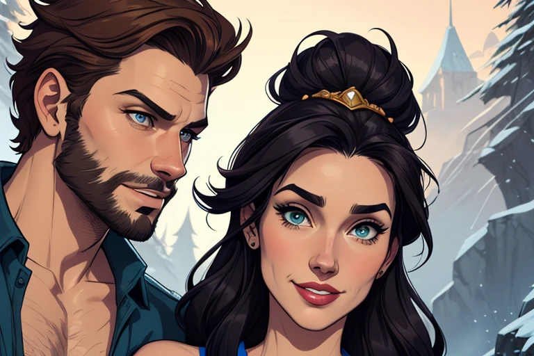 Personagem mulher estilo atompunk Fiona rainha Anna de Arendelle com marcas de guerras Imagem de desenho animado de uma mulher .Ilustra??o estilo desenho animado, estilo de arte dos desenhos animados, estilo de arte dos desenhos animados, digital illustration style, estilo atompunk design de personagens altamente detalhado, arte digital detalhada coragem, Forest fan art, Design de personagens de retrato, beautiful digital illustration, retrato de alta qualidade, Arte em quadrinhos, mulher jovem cabelo com transas lindas . Queen Anna of ArendelleBeautiful lined eyes Medium large bust and wonderful sexy clothes. image expression of sexual desire from waist to head illustration Queen Anne of Arendelle atompunk style Fallout 4 style pose playboy magazine sensual witch Character cartoon style facial expression happy beautiful smile and six medium small portrait mode waist up with lots of gold around her other stones portrait precious mode waist up queen of the south Jennifer Connelly GTA scenery dominatrix gold coins chest with jewelry with her boyfriend, um homem com barba preta, armado com um estilo militar, 
