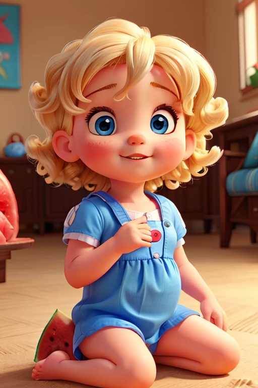 baby 1 year old blonde with short curls and blue eyes with watermelon