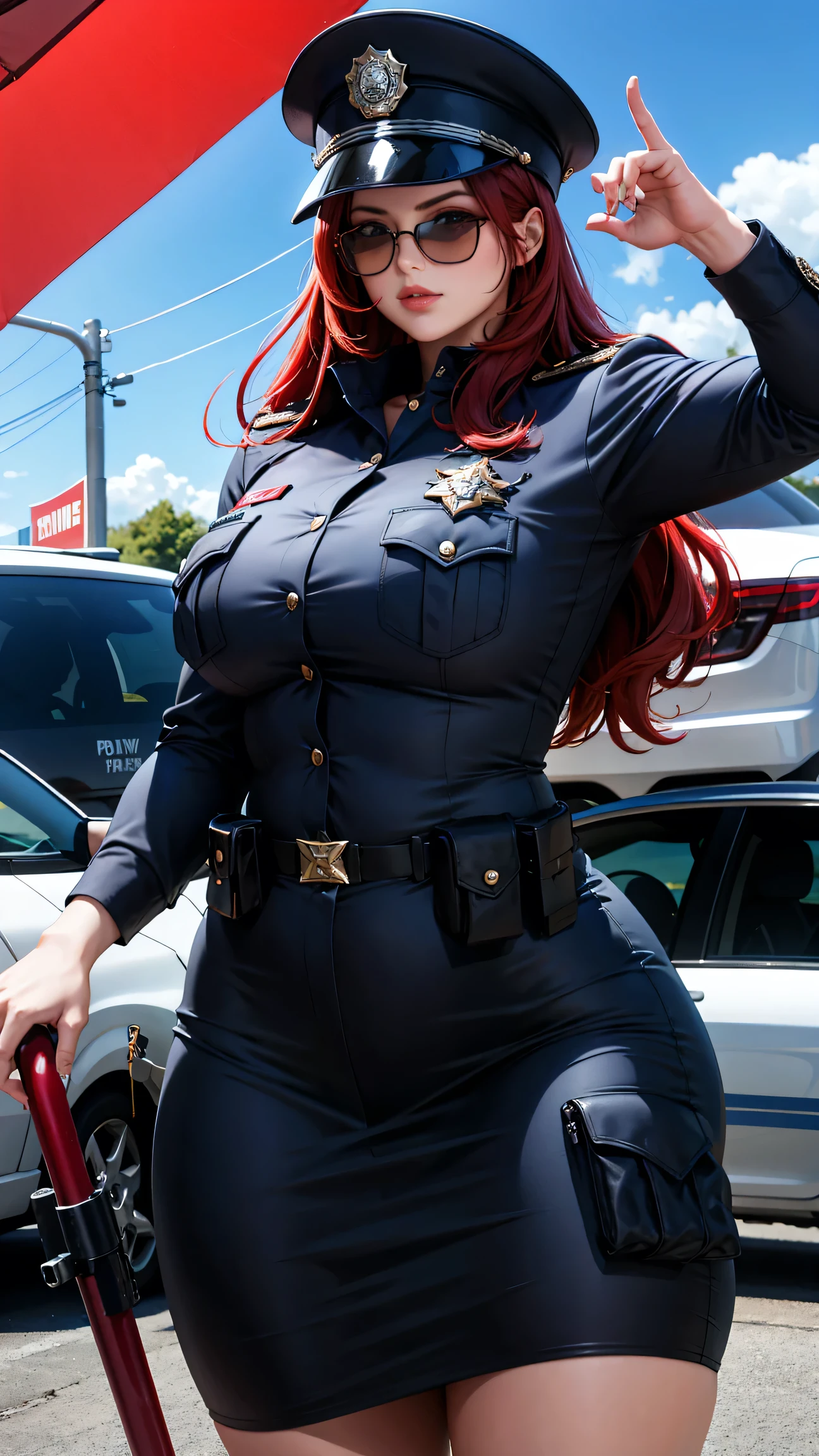Police cap girl red hair long sunglasses police uniform