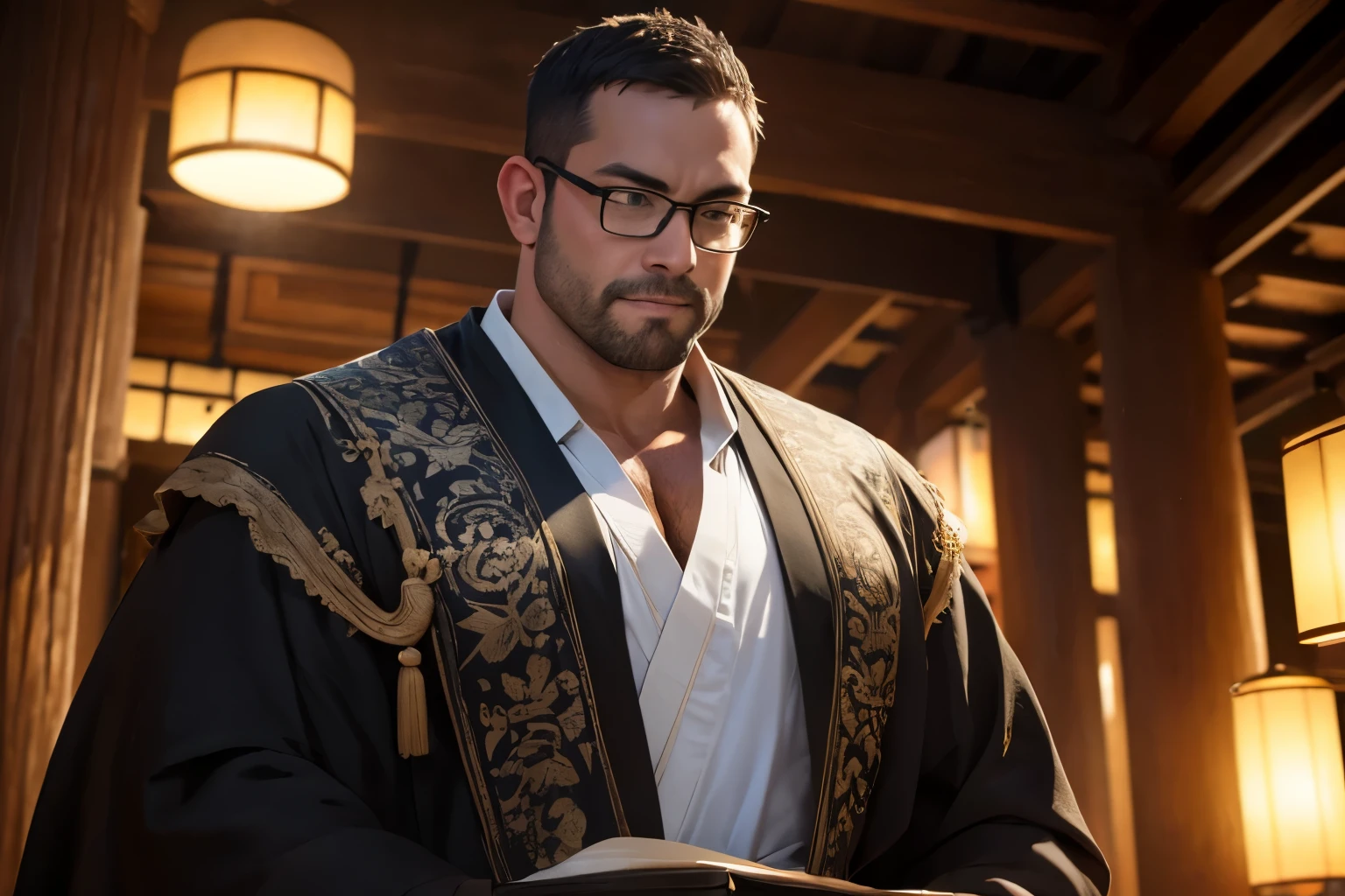 An award-winning original photo，A wild muscular man, (40 years old daddy:1.1), 1boy, Solo, (black robe holding a fan and circling with fairy spirit, white hanfu), (hanfu, flowing white robe), (big shoulders), musculature, stubbles, Short beard, Beautiful eyes:1.3, (Detailed face:1.3), wearing glasses, smiles, Dynamic Angle, volumetric lighting, (Best quality, A high resolution, Photorealistic), Cinematic lighting, Masterpiece, RAW photo, Intricate details, hdr, depth of field, upper body shot, George Pei, chris redfield, Background ancient chinese city