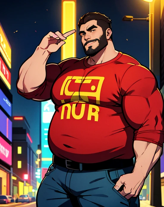 1 chubby man with extremely thick thighs , Careca, obeso, homem de meia idade, camisa branca aberta mostrando a barriga e peitoral usando apenas sunga vermelha e meias, parado na rua, looking at the sky, noite em uma cidade cyberpunk , dim street lamp, talking to the viewer gesturing with his hands, dialogando, discutindo. He's calling the viewer, he is delivering something, he is gesturing for you to come closer to him.