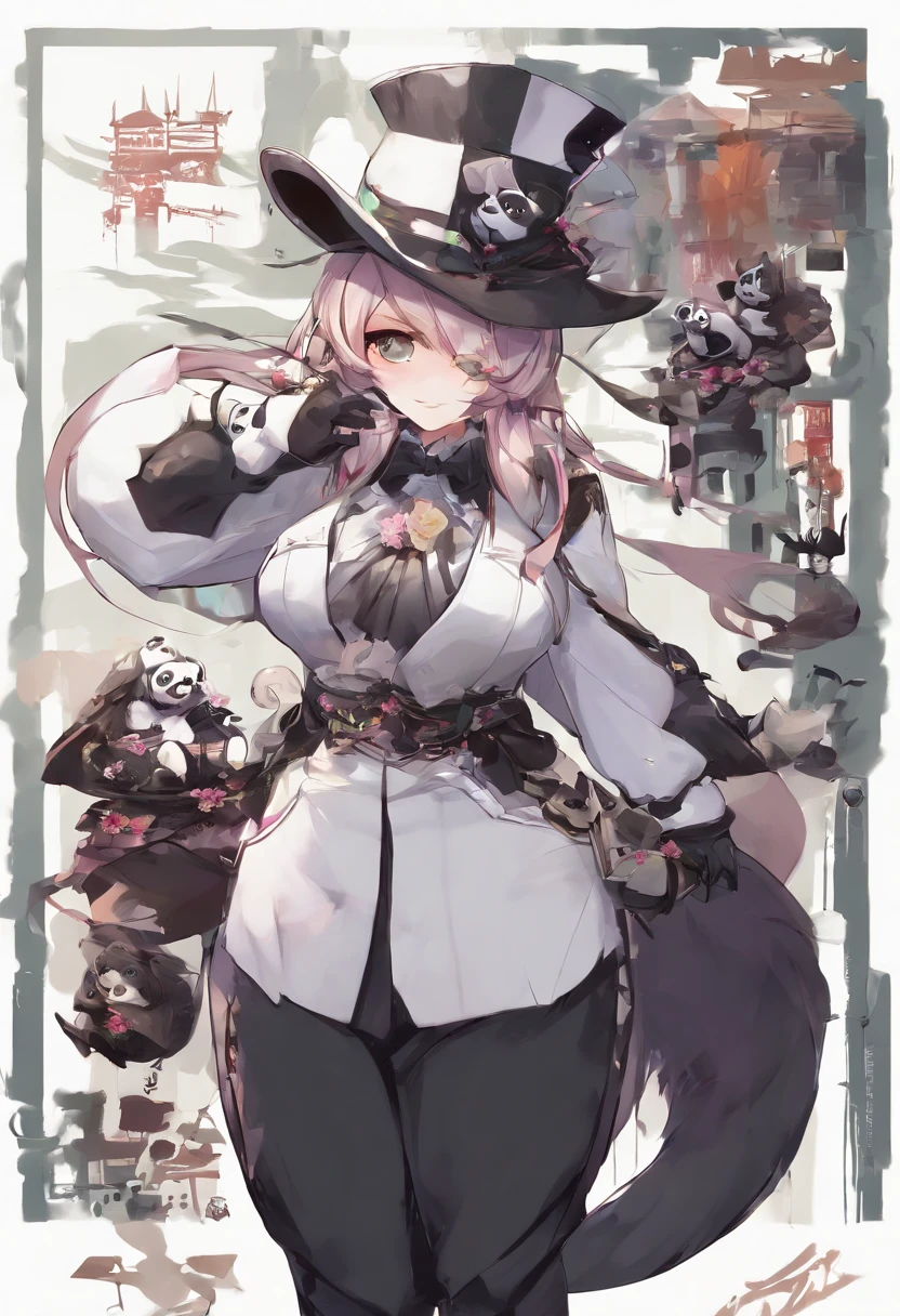 anthropomorphic panda, de cuerpo entero, vestido formalmente con un blazer, sostiene una bandeja, pegatina de panda, sticker de panda.