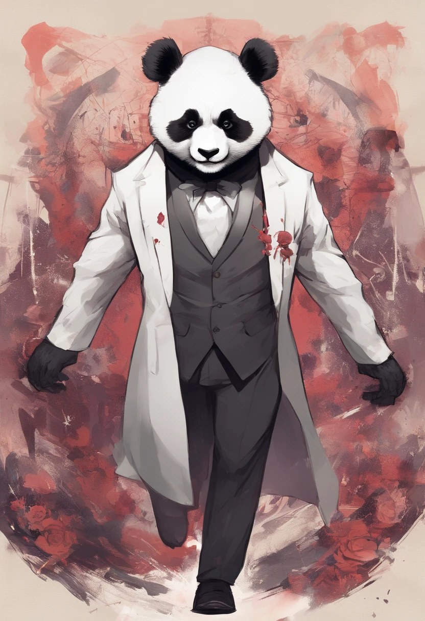 anthropomorphic panda, de cuerpo entero, vestido formalmente con un blazer, sostiene una bandeja, pegatina de panda, sticker de panda.