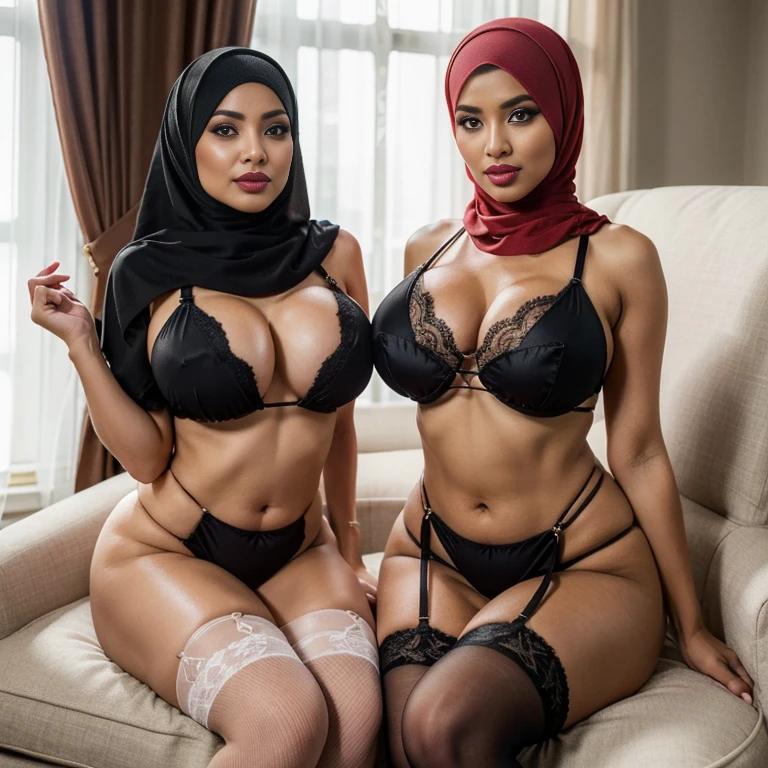 In the intimate settings of empty office room, two sexually attractive hourglass figure depraved (hijabi) (Muslim) MILF sit side by side on a plush chair, radiating lust and sexual desirer. They share the same height and body proportions, creating a visually stunning image of unity and strength. Both ladies wear white (lace hijabs), beautifully wrapped around their heads, framing their faces and accentuating their sensuality. Complementing their hijabs, both ladies wear (stockings) (daring string bikinis) that add a subtle hint of allure to their ensemble. The stockings enhance their sensual and lust-satisfying posture, further highlighting their lust-satisfying hourglass figures. Their makeup is flawlessly applied, with striking red lips, voluminous mascara, captivating eye shadow, precise eyeliner, and luxurious lashes. These elements enhance their already mesmerizing features, drawing attention to their expressive eyes. As they sit close to each other on the plush chair, they exude a sense of unity and sisterhood. Their presence showcases the beauty and strength of hijabi Muslim women, empowering others to embrace their identities and celebrate their unique beauty. both is looking at viewer, skin texture, ultra high res, RAW, instagram LUT, masterpiece, best quality, ultra-detailed, ultra high resolution, RAW, 4k, (looking at viewer), extremely detailed eyes and face, ((beautiful detailed nose)), ((beautiful detailed thigh)), ((beautiful detailed eyes)), perfect body proportion, (looking at the camera), seductive face, smile, red lips, (SFW:1.5), both wearing stockings, both wearing hijabs wedding veil slightly fat