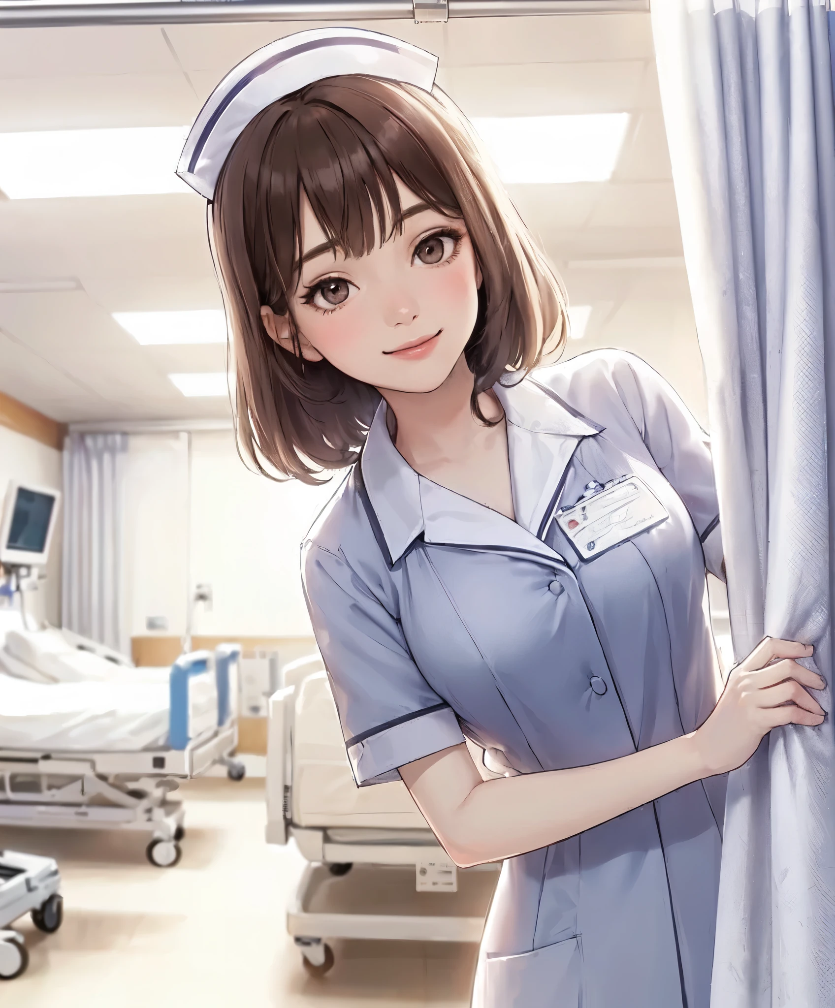 1lady solo, (looking down), (from below), (peeking out from behind partition curtain), healthcare worker, (nurse uniform), mature female, /(brown hair/) bangs, kind smile, (masterpiece best quality:1.2) delicate illustration ultra-detailed, large breasts BREAK (hospital room) indoors, (bright white ceiling:1.2), (perspective from bed:1.2), detailed background